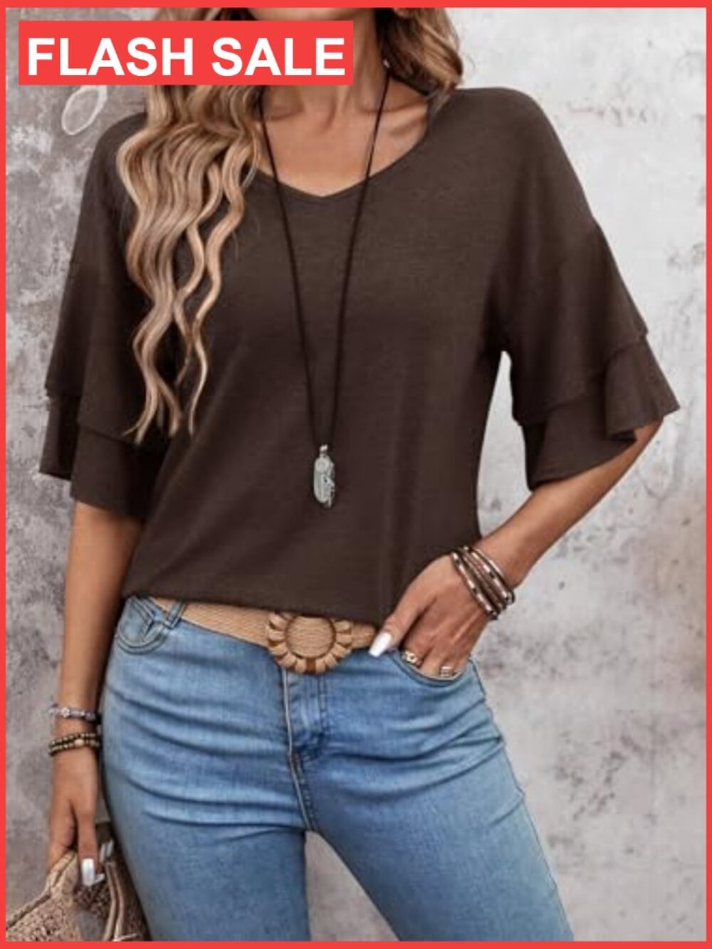 Ruffle Bell Sleeve V-Neck Blouse, 3/4 Sleeve, Polyester Spandex Rayon Blend - Picture 5 of 7